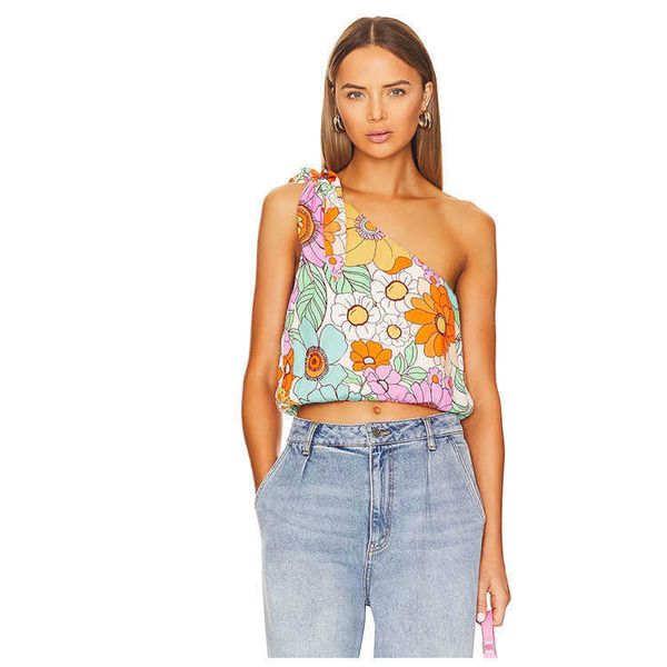 Frauen Heyday One-Shoulder-Top mit Blumenmuster und vollem Druck, bauchfreies Sommer-T-Shirt mit Schnürung für Damen