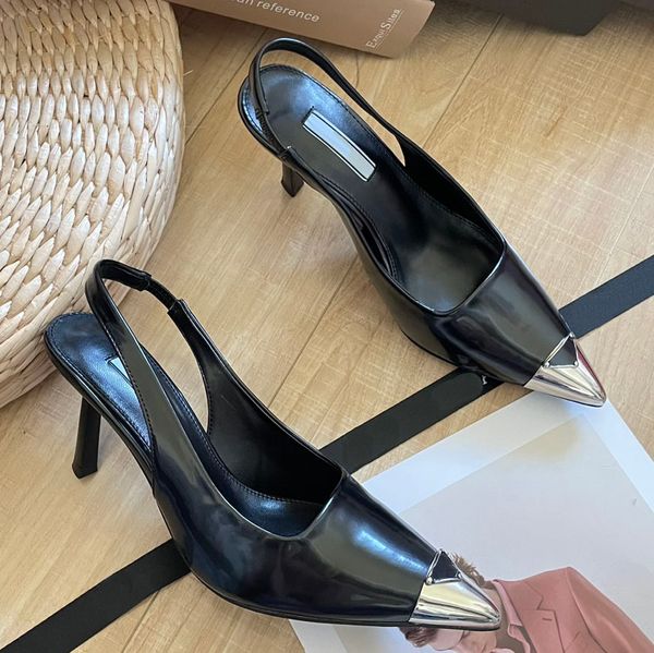 Verão das mulheres de salto alto sandálias designer sapatos formais lindo verão genuíno triângulo couro etiqueta salto fino marca couro genuíno dedo do pé alto