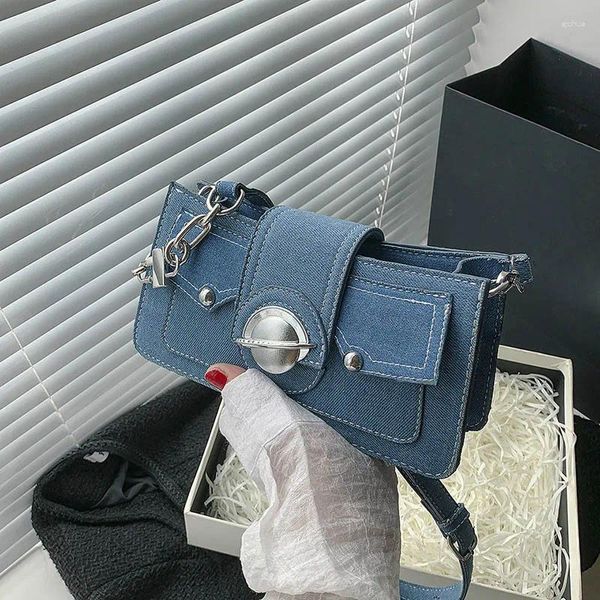 Сумки на плечо, синяя джинсовая мини-сумка, женская дизайнерская роскошная сумка под мышками, трендовая женская сумка 2024, модная сумка через плечо с цепочкой
