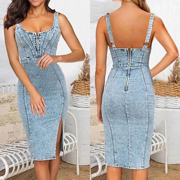 Freizeitkleider Damen Kurzarm U-Ausschnitt Make Old Denim Kleid Strand für zierliche Frauen halbformell