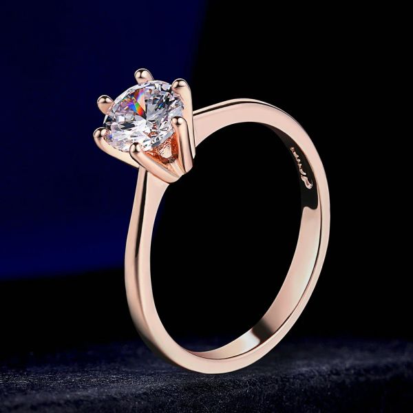 Anéis de casamento para mulheres clássicos para sempre corte perfeito 1 zircão rosa 14k ouro rosa garras joias para presente