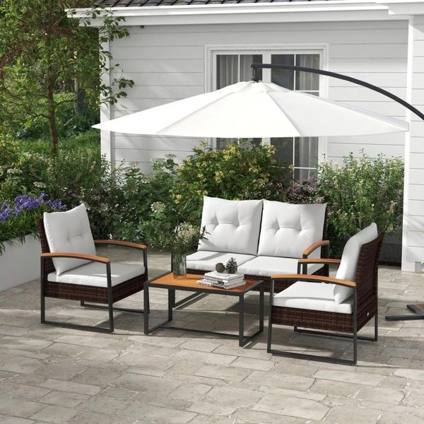 Set da giardino in rattan da 4 pezzi per mobili da campeggio bianco da esterno con divano a due posti, poltrona, tavolino in legno, cuscini