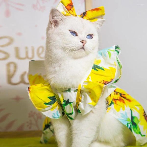 Cão vestuário vestido mangas pet girassol impressão conjunto com arco decoração gato princesa headdress leve confortável