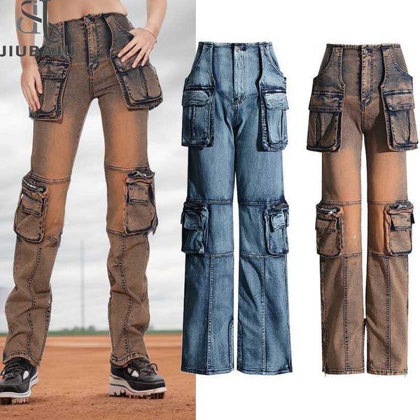 Großhandel Damen Baggy Washed Side Zipper Denim Hohe Taille Baumwolle Straight Jean Damenbekleidung Cargohose