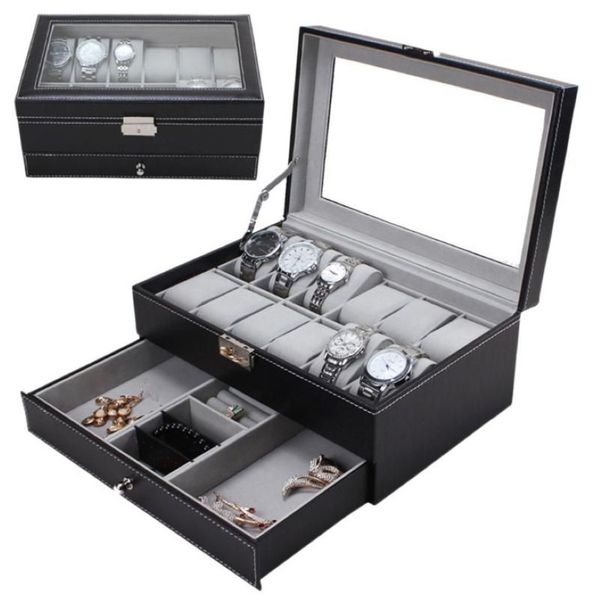 Nuovi 12 slot per griglie Doppi strati Scatola di immagazzinaggio per orologi in pelle PU Custodia per orologi professionale Anelli Bracciale Organizer Box Holder244D