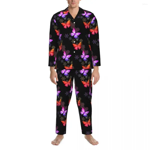 Erkekler Kelebek Baskı Bahar Pembesi ve Mor Gevşek Büyük Boy Pijama Seti Erkekler Uzun kollu Modaya Gece Basılı Ev Takım
