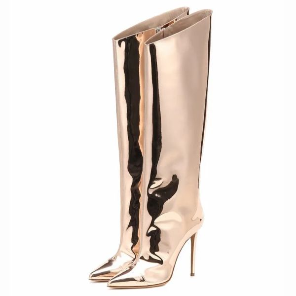 Botas de botas de altura feminina de ouro de ponta de joelho de joelho pontiagudo de joelho de joelho para mulher sexy sapatos de festa