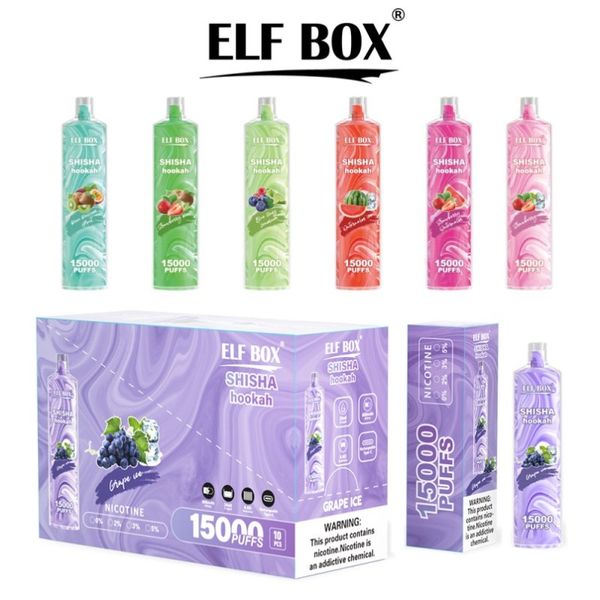 Originale Elf Box Shisha Narghilè 15000 Puffs Kit bar Vape usa e getta 16ml Puff 15k Ricaricabile Mesh Coil Sigarette elettroniche 0% 2% 3% 5% 11 sapori Nuovo design Vaper