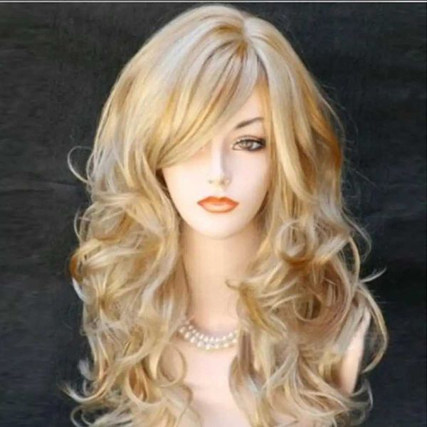 Perucas sintéticas perucas de renda sexy dourado longo encaracolado franja inclinada cabelo falso feminino peruca festa cosplay peruca 240328 240327