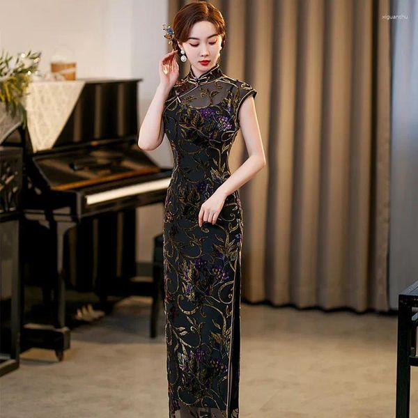 Ethnische Kleidung Yourqipao Sommer 2024 Samt Cheongsam Kurzarm Elegante Mutter Qipao Chinesisches Traditionelles Abendkleid Für Plus Größe