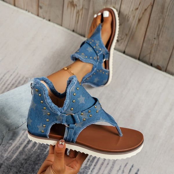 Botas de verão sapatos de jeans feminino chique estampestres gladiator sandálias ladras punk rivet garanhão flops