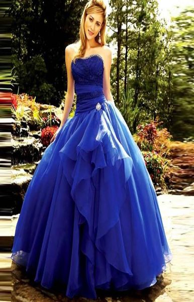 Königsblaue Quinceanera-Kleider mit Spitze, trägerlos, modern, Übergröße, günstiges Ball-Abschlussballkleid, bodenlang, Übergröße, mit Schnürung 6015433