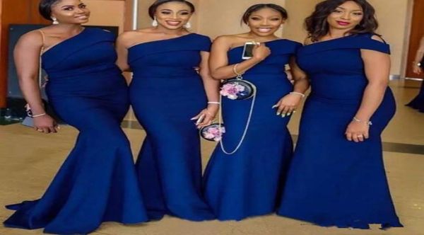 Royal Blue Um Ombro Sereia Vestidos de Dama de Honra Sweep Train Simples Africano Country Wedding Guest Vestidos Maid Of Honor Dress Plus6081604