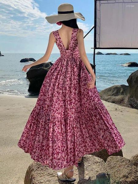 Casual Kleider Frauen Süße Rosa Blumen V-ausschnitt Hohe Taille Rückenfreies Langes Kleid 2024 Sommer Boho Druck Ärmellose Plissee Urlaub weste