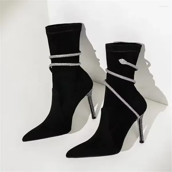 Botas Sexy Pointed Toe Mulheres Tornozelo Alto Salto Designer Slip-on Vestido Sapatos Serpentina Winding Botas Curtas Senhoras Prom Stiletto