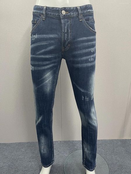 Мужские джинсы, весна-лето 2024, модные потертые и потертые с нашивкой в крапинку, чернила, 3D крой, маленькие ножки, серые для мужчин