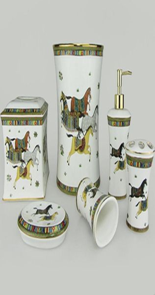 Conjunto de banheiro de porcelana para uso doméstico, 6 peças, casa pública, padrão de cavalo colorido, design de cerâmica, osso china5451852