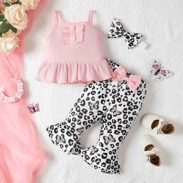 Giyim Setleri Bebek Kız Giysileri Moda düz renkli fırfırlı askı üstü, yay leopar desenli parlama pantolon yaz için üç parçalı takım elbise 24319