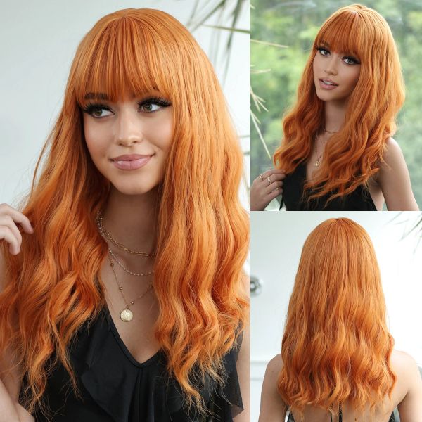 Perucas laranja cobre vermelho amarelo perucas sintéticas longas onduladas peruca de gengibre com franja para mulheres cosplay natural onda do corpo cabelo resistente ao calor