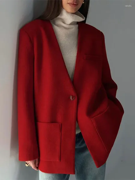 Damenjacken Elegante rote V-Ausschnitt-Taschenjacke für Frauen Casual Langarm Button Blazer Mantel weiblich 2024 Frühling Chic Bürodame