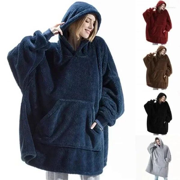 Mulheres sleepwear inverno hoodie para homens e mulheres quente confortável flanela cobertor com mangas suéteres de grandes dimensões engrossado lã gigante tv