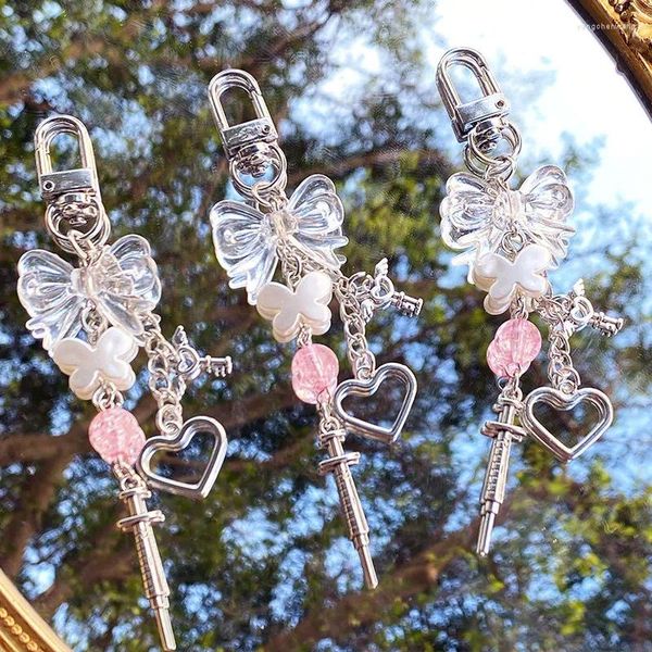 Schlüsselanhänger Mode Japanisch süß und süß für Frauen Transparente Schleife Design Glänzende Perlen Handykette Tasche Schlüsselbund Anhänger