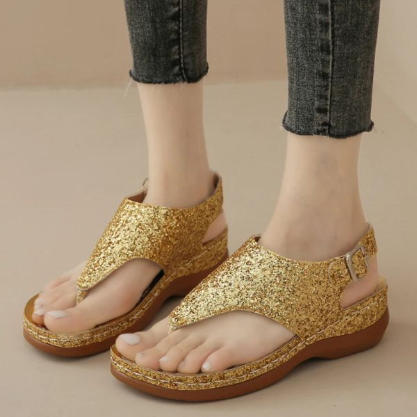 Boots Luxury Gold Sequints КЛИНДЫ Сандалии женщин 2023 Летняя платформа для клипа Sandels Женщина плюс размер 43 летние туфли на каблуках 43