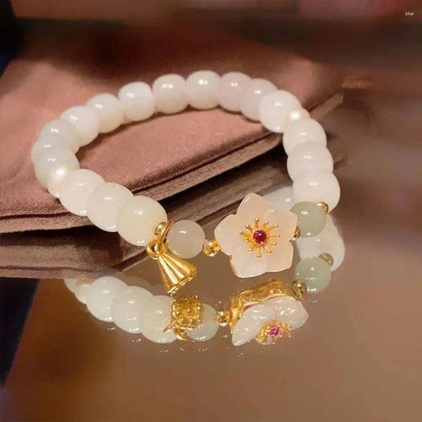 Strand Elegante imitazione Jade Azure Stone Design di nicchia Design pesca Blossom in stile cinese Bracciale gioiello corda da donna