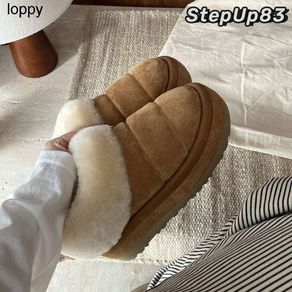 2023 Mulheres plataforma tazzlita camurça de camurça chinelo shearling forrado botas de lã peludo manguito sapatos de pele de carneiro slide designer botas austrália bota de neve