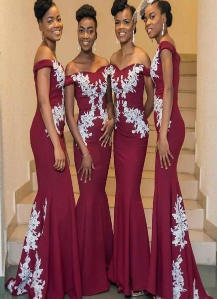Lindo Borgonha Sereia Vestidos de Dama de Honra Renda Branca Appliqued Fora Do Ombro Vestidos de Dama de Honra 2018 Sexy Festa Nigeriana 1487669