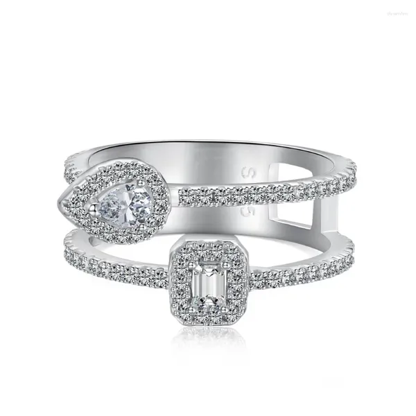 Anéis de cluster S925 anel de prata esterlina para mulheres conjunto com zircão cheio de diamante dupla camada oca design exclusivo