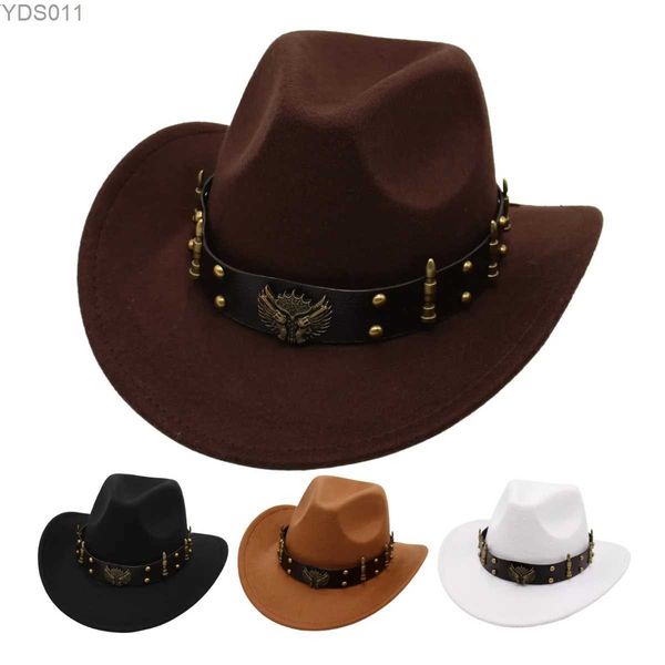 Ampla borda chapéus balde novo ocidental cowboy mens chapéu clássico country jazz para mulheres retro bala tripas cinto cavaleiro preto feltro califórnia 240319