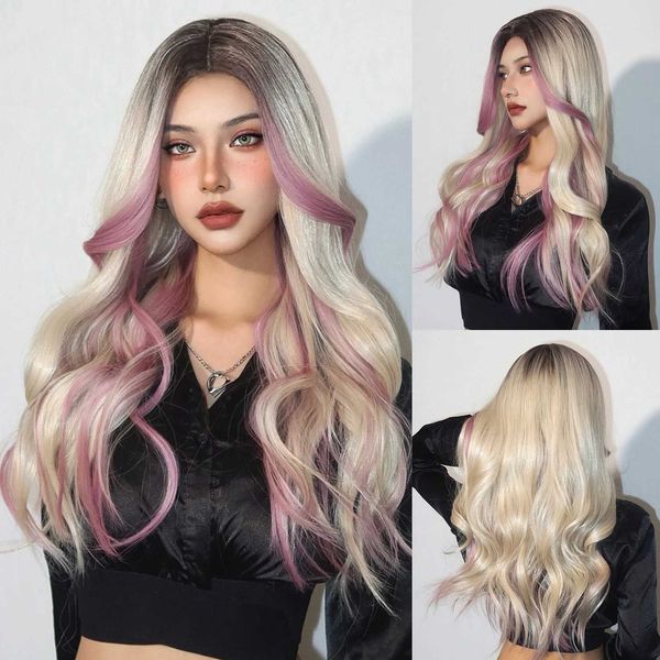 Perucas sintéticas Long Body Wave Peruca Sintética Parte Média Blone Destaque Roxo Rosa Onda Solta Peruca para Mulheres Brancas Diariamente Cosplay Resistente ao Calor 240329