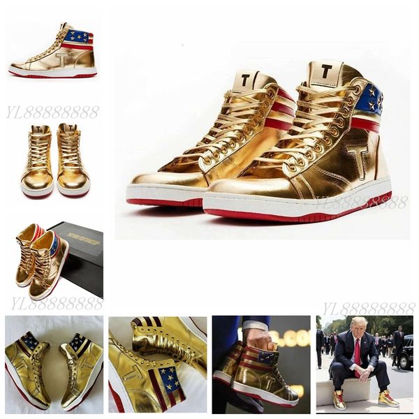 2024 Gold Custom T Trumps Sneakers High Tops Basquetebol Sapatos Mulheres Mens Nunca Rendam Líderes Nacionais Designers Casuais Gold Red Mulheres Homens Sapato Esportivo com Caixa