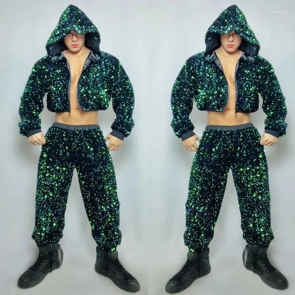 Abbigliamento da palco Bar Discoteca Gogo Costume Abiti jazz Uomo Cappotto con paillettes verdi Pantaloni Abbigliamento da pole dance maschile Spettacolo Rave Outfit