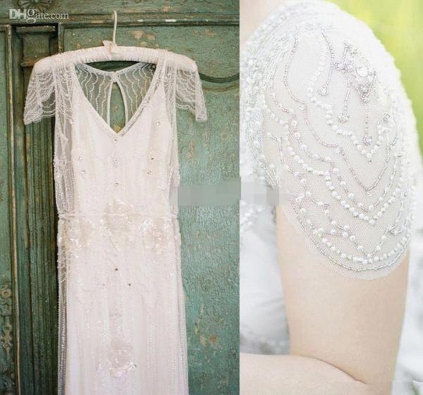 2019 Great Gatsby Luxury Crystal Ggarden Abiti da sposa Modest Cap Sleeve Full Beaded Country Bohemian Abito da sposa jenny packham4416979