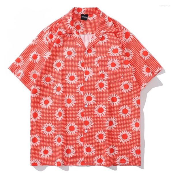 Camicie casual da uomo Girasole stampa completa Camicia hawaiana rossa Uomo Donna Colletto Cuba Vintage