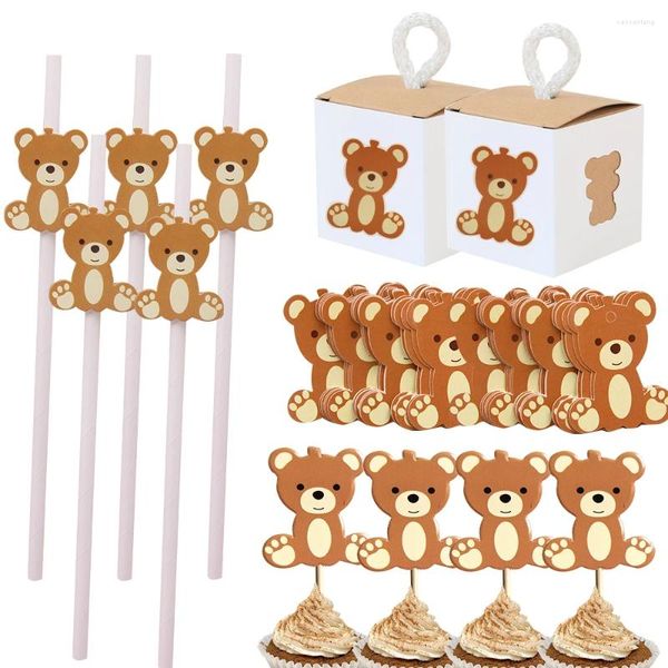 Decoração de festa 1 conjunto de desenhos animados urso bolo toppers etiquetas de papel bonito canudos para crianças decorações de feliz aniversário diy presentes embalagem fornecimento