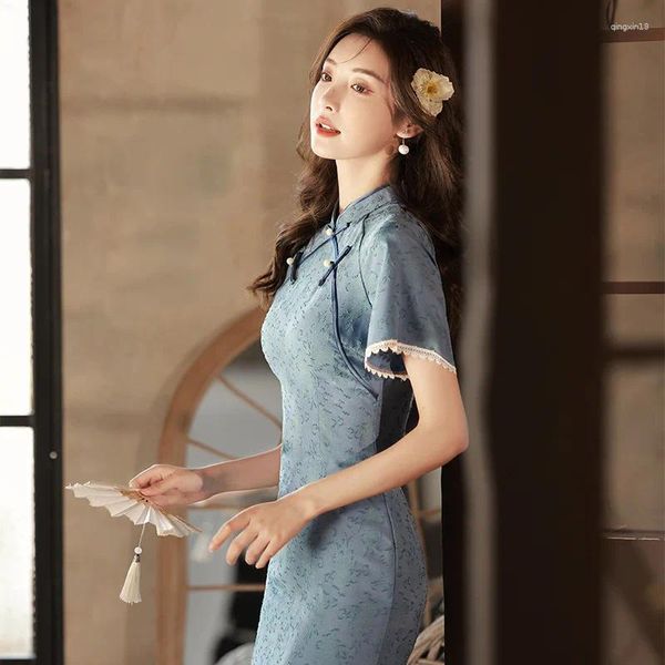Etnik kıyafetler Yourqipao Yaz 2024 Mavi Geliştirilmiş Cheongsam Plus Boyutu Genç Kızlar Zarif Retro Qipao Çin tarzı gece elbisesi için