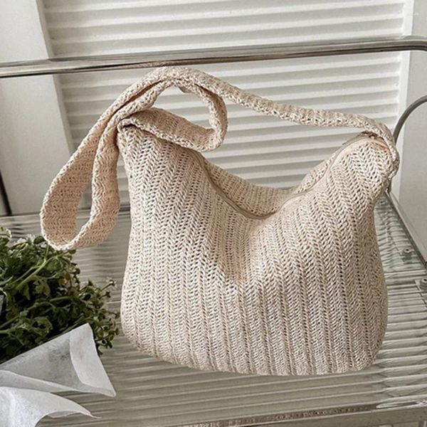 Omuz çantaları yaz bayanlar dokuma çanta el yapımı alışveriş tote moda gündelik basit portatif düz renk zarif, deniz kıyısı için zarif yumuşak