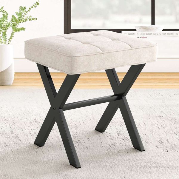 LUE BONA Quadrado X-leg Foot Rest Banqueta Otomana, Banqueta Pequena Vaidade, Assento de Vaidade Acolchoado Moderno para Sala de Maquiagem, Banheiro, Cor de Linho