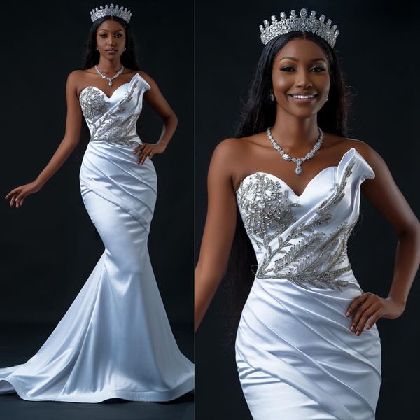2024 Sereia Vestido de Noiva para Noiva Plus Size Vestidos de Noiva Querida Decote Strass Frisado Vestidos de Casamento Plissados ​​para Mulheres Negras Africanas D175