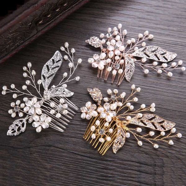 Tiaras Trendy Braut Haarkamm Kristall Perle Blume Blatt Haarkämme Haarschmuck Für Hochzeit Braut Brautjungfer Haarschmuck Schmuck Y240319