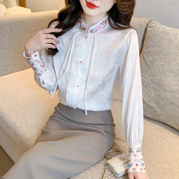 Blusas femininas chiffon bordado camisa primavera/verão solto estilo chinês roupas de moda mangas compridas feminino topo ycmyunyan
