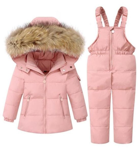 Para baixo casaco menino bebê macacão menina jaqueta de inverno quente crianças snowsuit neve roupas meninas pele com capuz roupas set1183217