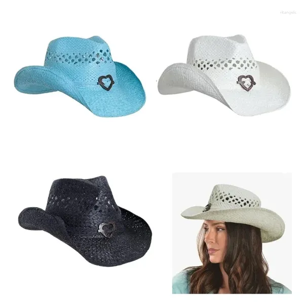 Berretti per adulti con stemma a forma di cuore, cappello da cowboy con tessitura in paglia, leggero con visiera arrotolata, da viaggio per donne e adolescenti