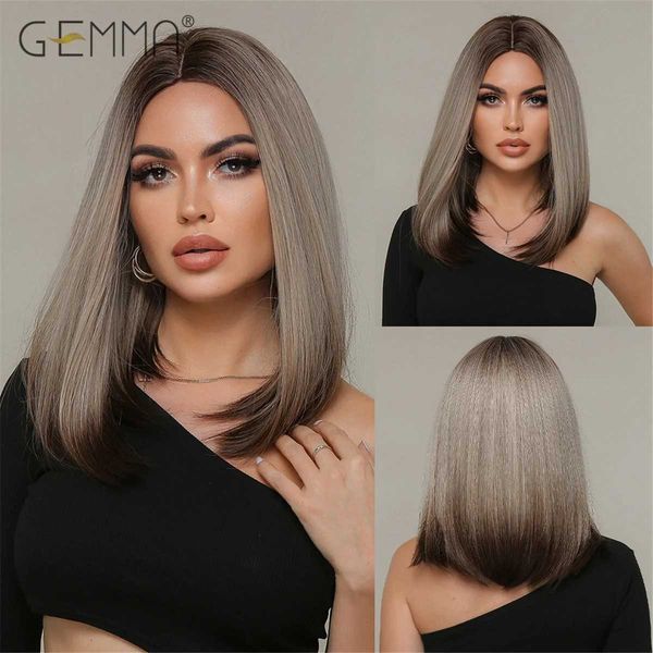 Synthetische Perücken Gemma Long gerade synthetische Perücken für Frauen Omber Brown Platin Highlight Perücken mit dunklen Wurzeln Cosplay hitzebeständiges Haar 240328 240327