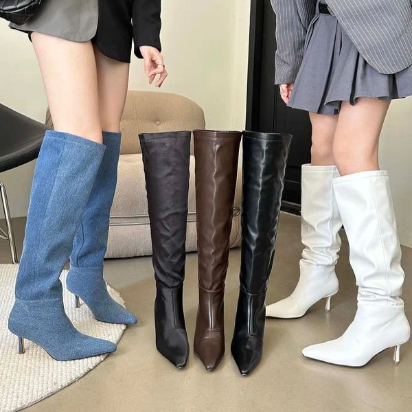 Stiefel speicherte Zehen Frauen Knie hohe Stiefel 2023 Neuankömmlinge schwarz blau braun weiß dünner High Heels Chelsea Stiefelschuhe Frau 39 39