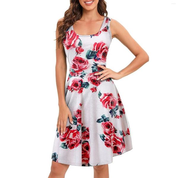 Sıradan Elbiseler Kadınlar Kolsuz O boyun çiçek baskısı A-line artı boyut vintage parti robe 2024 Yaz plaj elbisesi vestidos mujer