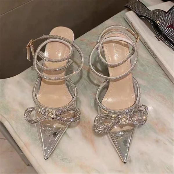 Sandalet 2023 Kadınlar 8cm Yüksek Topuklu Sandalar Lady Crystal Glitter Saten İpek Sandles Yaz Düğün Gelin Tasarımcısı Şeffaf Pembe Ayakkabı